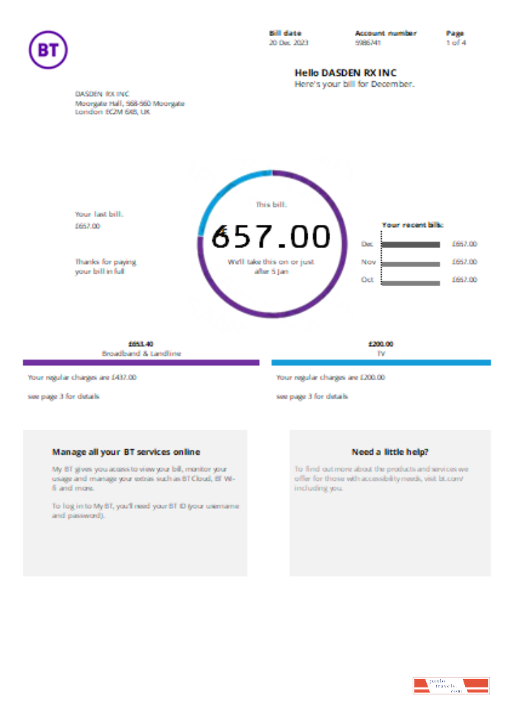 BT telecommunications utility business bill,  SCR PSD template